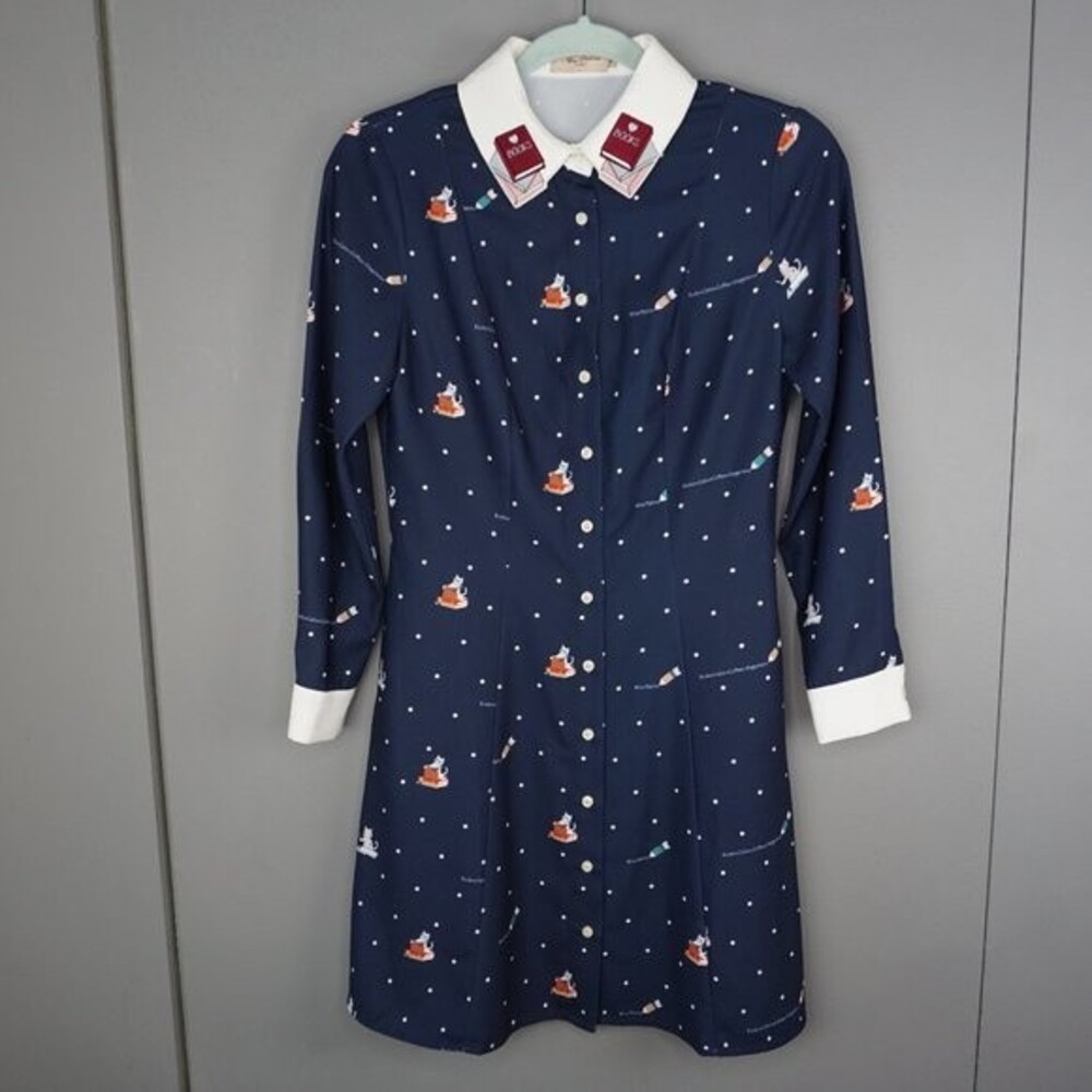 Miss Patina Kiterture Books Cat Kitten Dress in Navy size Small Excellent Condit - Picture 2 of 15